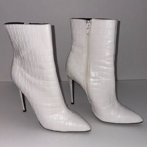 White Croc-Embossed Stiletto Ankle Boots - Women